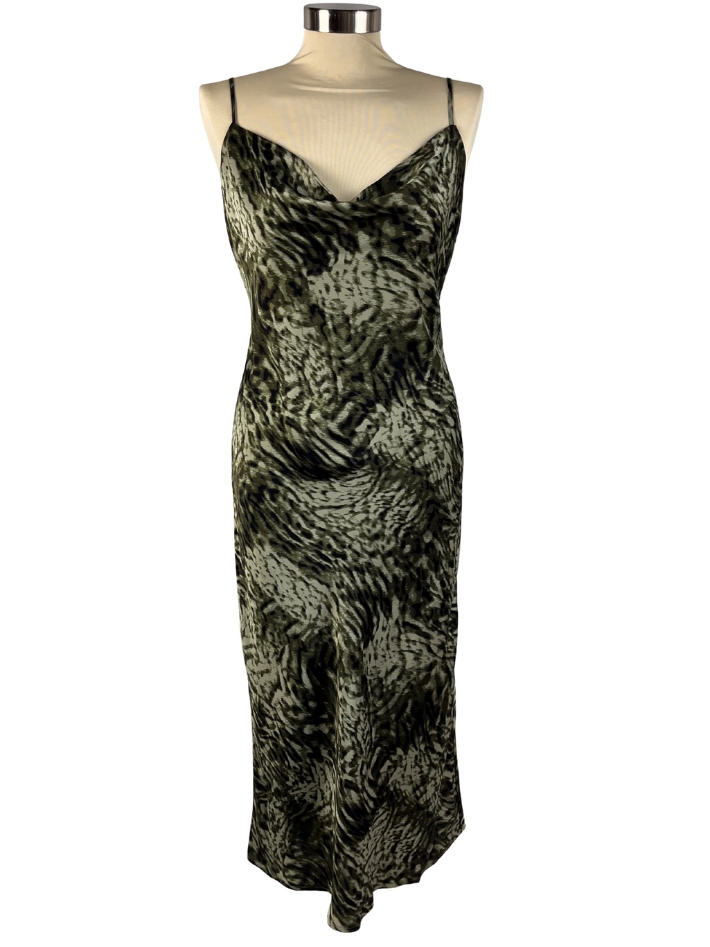 Nwt Good American Green Jungle Mixed Animal-Print Midi Slip Dress Size M Or “2”